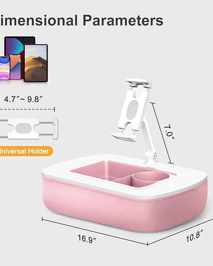 Tablet Pillow Stand for Lap Use with Snack Bowl and 360° Rotating Arm, Adjustable iPad Holder for Bed, Couch, and Recliner, Compatible with 4.7"-13" Kindle, iPad, Tablet, Phone,Pink