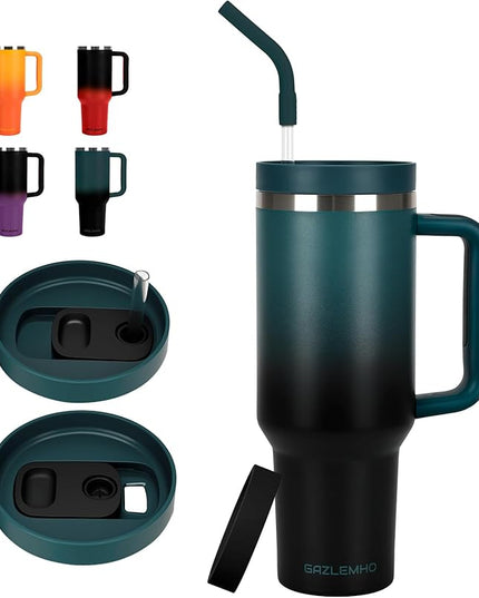 40oz Tumbler with Handle and Straw Spout 2-in-1 Lid, Spill Leak Proof Insulated Travel Cup Traveler Water Mug Keep Cold Hot, Dishwasher Safe Stainless Steel Bottle Gifts for Women Men, Indigo Black
