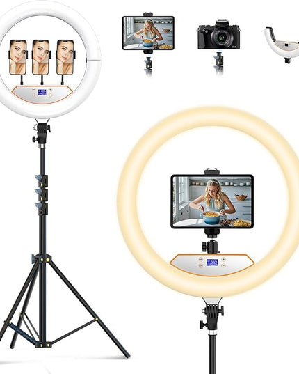 18" Large Ring Light with 60" Tripod Stand for iPhone, Portable Foldable Bi-Color 2500-6500K LED Big Ringlight for iPad with Bluetooth Remote Video Recording YouTube TikTok Photography Makeup