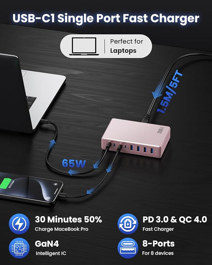 200W USB C Charger Block,GaN IV Charging Station 8 Ports,QC4.0 Fast Charging Station Hub+PD 65W USB C Laptop Charger Adapter Compatible with MacBook Air/Pro,DELL,iPhone 17/16/15,iPad,Steam Deck-Pink