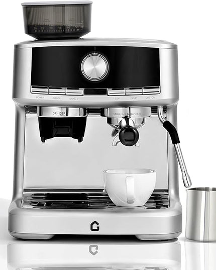 20 Bar Espresso Machine with Built-in Grinder, Stainless Steel Coffee Maker with Milk Frother Steam Wand, 1.5L Removable Water Tank, Adjustable Shot Volume for Home & Office