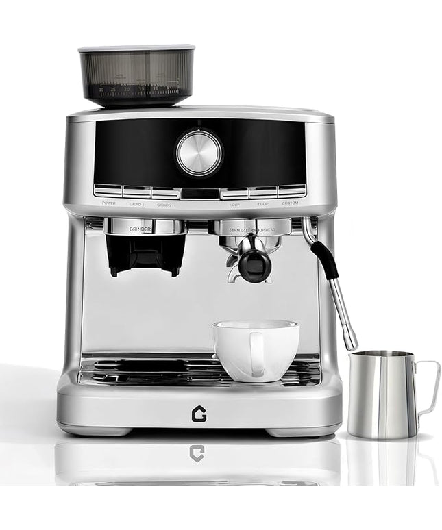 20 Bar Espresso Machine with Built-in Grinder, Stainless Steel Coffee Maker with Milk Frother Steam Wand, 1.5L Removable Water Tank, Adjustable Shot Volume for Home & Office