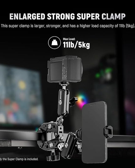 NEEWER Heavy Duty Super Clamp with Two 360° Dual Ball Head Magic Arms, 1/4" 3/8" Screw Threads, Phone & Action Camera Mount Adapter for Flat/Round Surface Compatible with GoPro DJI Insta360 DSLR