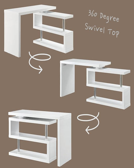 47" Swivel Top Desk with Storage Shelves - 360° Rotating Tabletop Computer Workstation for Home Office - Full Glossy Mirror Finish Space-Saving Corner Writing Table, White