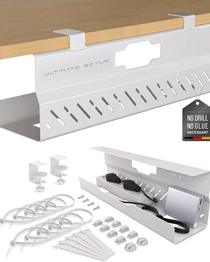 Under Desk Cable Management Tray no Drill – Wire Management - Cord Organizer – Huge Load Capacity – Under Desk Cable Tray no Drill (White, 1 Piece Set)