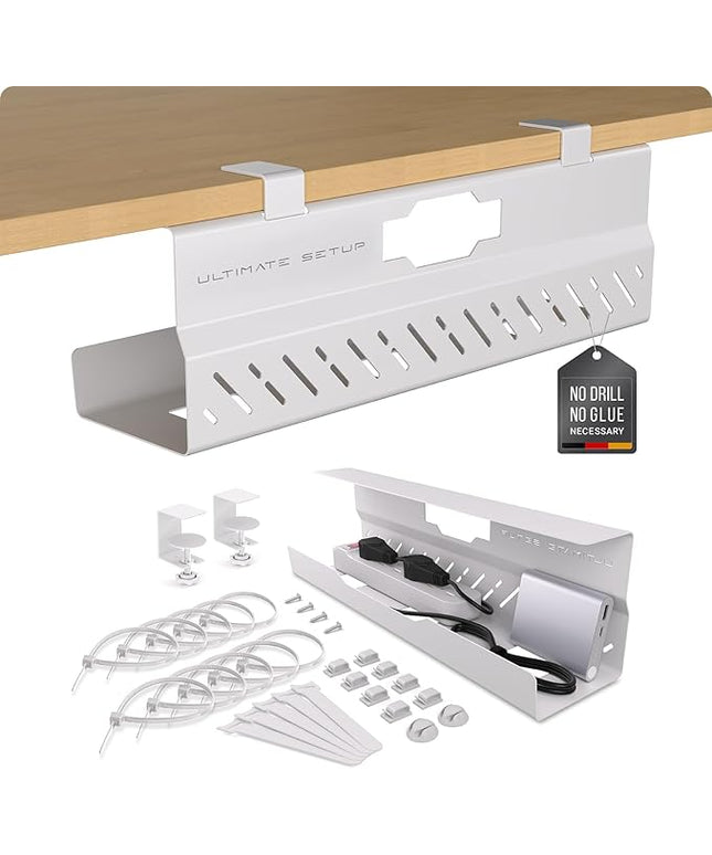 Under Desk Cable Management Tray no Drill – Wire Management - Cord Organizer – Huge Load Capacity – Under Desk Cable Tray no Drill (White, 1 Piece Set)