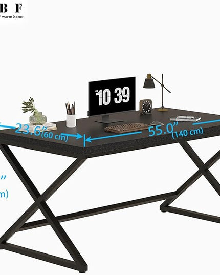 IBF Black Desk, Modern Computer Desk for Home Office, Industrial Simple Pc Gaming Writing Study Desk in Bedroom, Wood Metal Laptop Workstation Executive Work Computer Table, Black Oak, 55 Inch