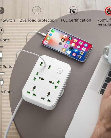6Ft Extension Cord with Multiple Outlets, Surge Protector Power Strip 4 AC Outlet s & 3 USB Ports Dual Voltage Multi Plug Outlet Extender for Home, Office, Dorm Room Essentials, White