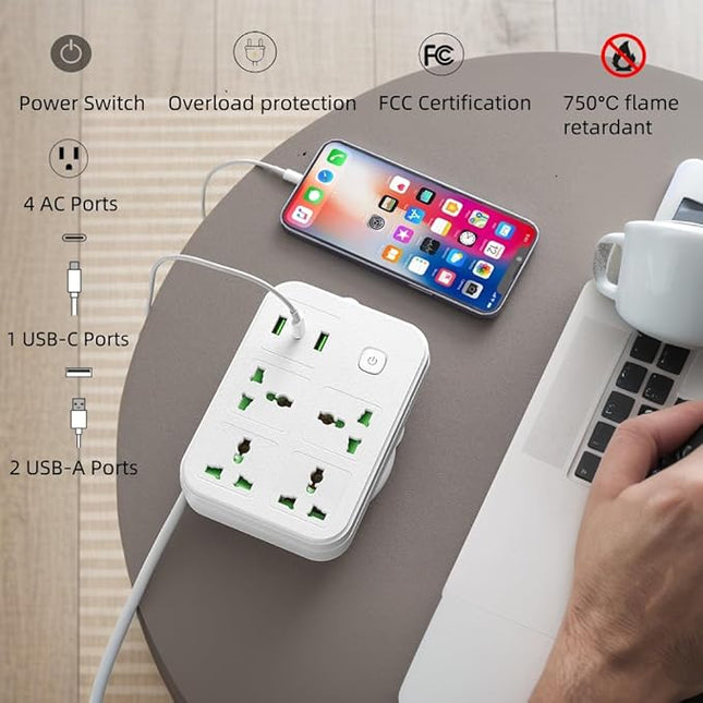 6Ft Extension Cord with Multiple Outlets, Surge Protector Power Strip 4 AC Outlet s & 3 USB Ports Dual Voltage Multi Plug Outlet Extender for Home, Office, Dorm Room Essentials, White
