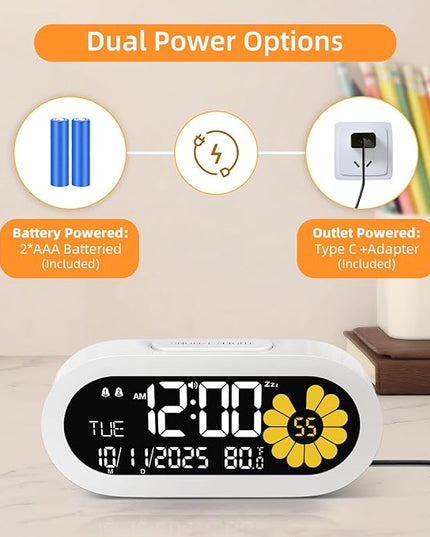 DOOMAY Digital Alarm Clock for Bedroom: Dual Alarm Bedside Clock VA LCD Display with Seconds, 9-Minute Snooze and Weekend Mode, 3 Brightness, 4 Alarms and 3 Volume Levels，Type C & Battery Included