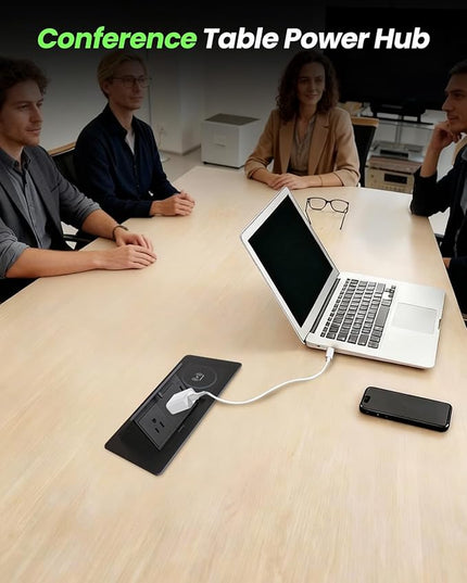 Conference Table Power Hub 15W Wireless Charger and PD20W Type-C Fast Charging, Pop up Outlet Desktop Connection Box with 2AC Outlets and USB Ports for Kitchen Countertop Conference Room, Black