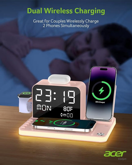 Acer 7-in-1 Wireless Charging Station with LED Clock - 30W Fast Wireless Charger for iPhone 16/15/14/13/12/Pro Max, Apple Watch, AirPods - Bluetooth Auto Time Sync & Night Lights (Pink)