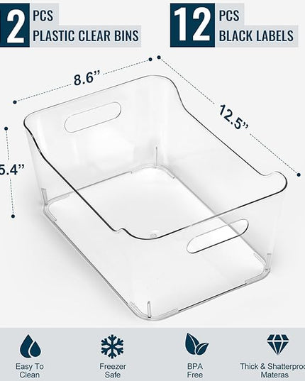 12 PACK Multi-Use Clear Plastic Storage Bins for Organizing w/ Labels - Home, Kitchen, Pantry, Bathroom, Office, Cabinet Shelf Organizer Bins - SOHO Collection, RV, Fridge Organization Containers -XL