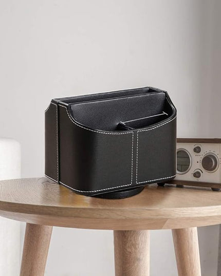Arniche PU Leather Remote Control Holder,360 Degree Spinning Desk TV Remote Caddy,Desk Organizers and Accessories,for Controller,Media,Mail,Calculator,Mobile Phone,Pen Storage Holder(Black)