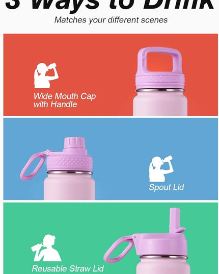 Coolflask Water Bottle 24 oz Insulated with Straw, Stainless Steel Metal 3 Lids Water Flask Wide Mouth for Sports or Office, Non-BPA Keep Cold Up to 48 Hrs or Hot Up to 24 Hrs, Pink