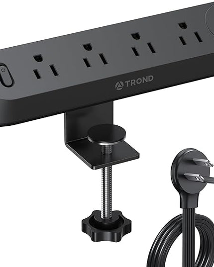 TROND Desk Clamp Power Strip - Flat Plug 10ft Extension Cord, Surge Protector with 5 AC Outlets, 1700J Surge Protection, ETL Listed, Fits 1.97 inch Tabletop Edge, for Home Office, Black
