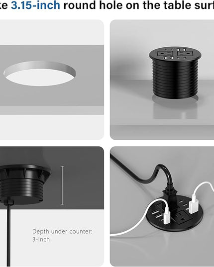 Jgstkcity Power Strip,Desktop Recessed Power Grommet,40W Total USB C Fast Charging,3.15-Inch Hole, 4 Outlets & 8 Ports, Ideal for Desktop & Countertop Flush Mount Outlet