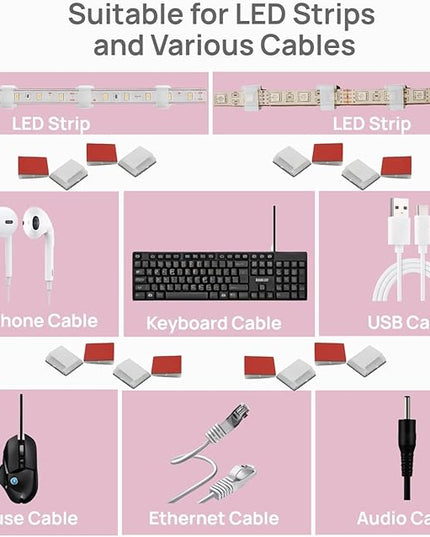 120PCS LED Strip Light Clips, Self-Adhesive Mounting Clips & Mini Cable Clips for 6mm/8mm/10mm Wide Strip Lights, Adhesive Wire Clips Wall Holder for 3528/5050/2835 SMD, Cable Management Solution