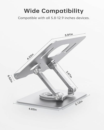 Tablet Stand Adjustable with 360° Swivel Base Aluminum Tablet Stand Holder for iPad/Samsung/iPad Pro Air Mini/Galaxy/Switch, Sliver