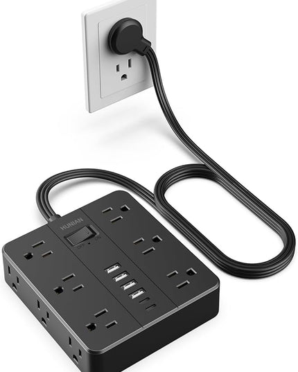 Flat Plug Power Strip Surge Protector, HUNIAN 5 Ft Extension Cord with 12 Widely Spaced Multiple Outlets 6 USB Charger (2 USB C Ports), Desk Charging Station for Home Office Supplies, Black