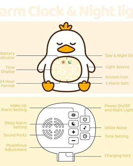 Sleepy Duck Alarm Clock with Night Light for Kids with Sleep Training and Sound Machine, Rechargeable Silicone Lamp OK to Wake Clock，Cute Animal Tabletop Lamp, Perfect Sleep Companion for Boys Girls