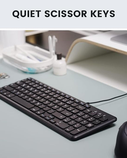 Perixx PERIBOARD-213C Wired Silent USB-C Scissor Keyboard - 14.45x4.76x0.71 Inches Compact Design with Number Pad - Black - US English