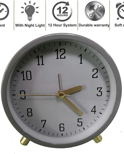 SHISEDECO Alarm Clock with Backlight, 4.5 inches Bedside Analog Non-Ticking Silent Small Deskclock with Arabic Numerals, Battery Operated Round Tableclock for Living Room, Bedroom (Grey Clock)