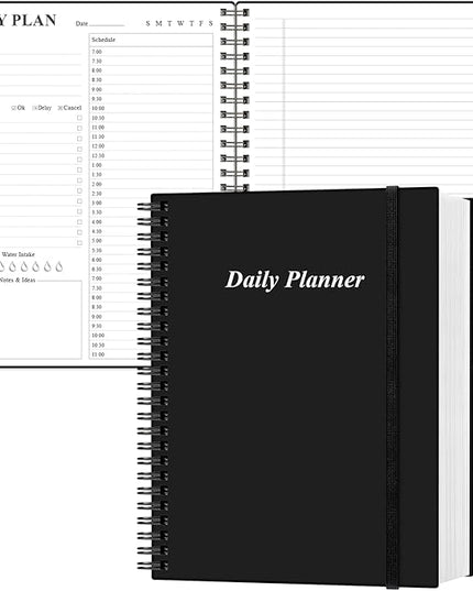 Daily Planner Undated - A4 To Do List Notebook Hourly Schedules, Spiral Appointment Planner for Women and Men,PVC Hardcover, Inner Pocket, Elastic Closure, 8.5" x 11", Black