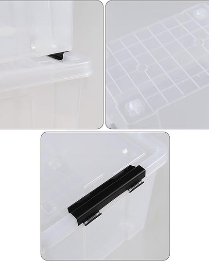 Set of 4 34 L Stackable Plastic Storage Bins with Latching Lids and Wheels, Clear Home Organization Container Box, See-Through