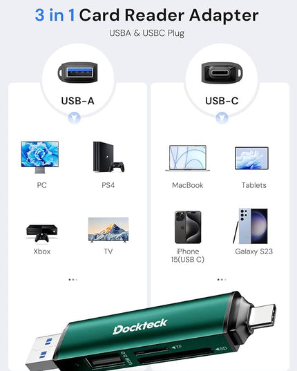 Dockteck SD Card Reader, 5G Super Speed USB3.0 SD/TF Card Reader, 3-Slot USB A/C to SD/Micro SD/USB A Memory Card Reader for UHS-I SD/Micro SD/SDHC/SDXC/MMC, Support OTG for Plug&Play,Green