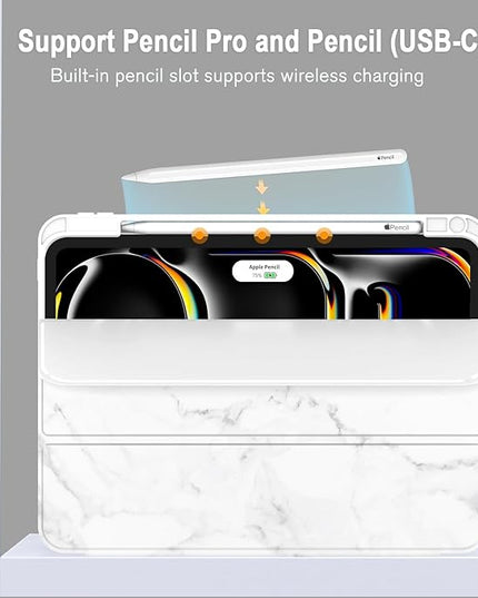 ZryXal iPad Pro 11 Inch Case (M5) 2025/ (M4) 2024 (Model: A2836/A2837/A3006), Trifold Stand Smart Cover with Pencil Holder and Soft TPU Back, Auto Wake/Sleep (Marble White)