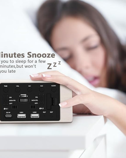 Kogonee Wooden Digital Alarm Clock, 0-100% Dimmer, 2 Alarm Settings, Weekday/Everyday Mode, 9 Mins Snooze, 12/24H, Temperature and Date Display for Office, Travel, Bedroom Alarm Clock (White)