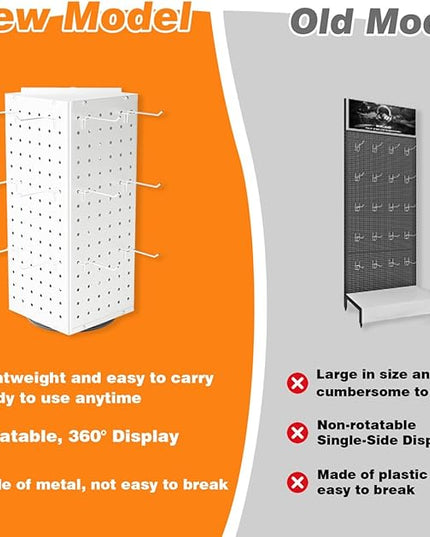 BYCY Rotating Pegboard Display Stand with 30 Hooks,Metal Spinning Peg Board Displays for Craft Shows,4-Sided Jewelry and Accessories Display Racks for Markets,Vendors,Events&Retail Stores (White)