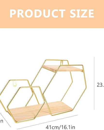 Hexagonal Wall Floating Shelf Metal and Wood Wall Shelves Gold Decorative Storage Rack for Bedroom Living Room Display and Home Organization