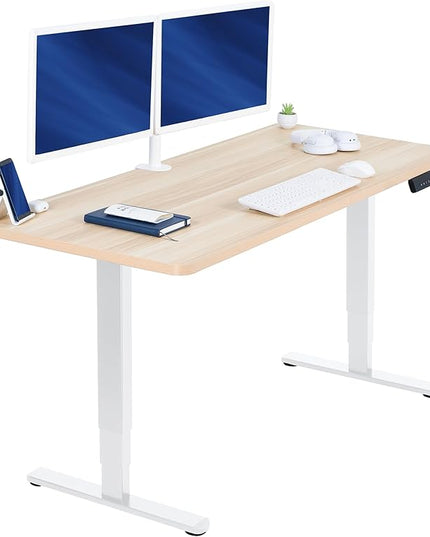 VIVO Electric 60 x 24 in Dual Motor Sit Stand Desk, Memory Height Adjustment, 2B Series, Light Wood Top White Frame, DESK-KIT-2W6C