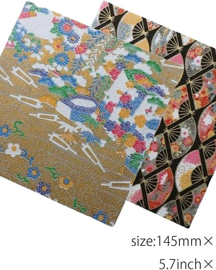 Made in Japan Echizen Washi Notebook with Sakura Watermark(Page 48) & 2 sheetsYuzen Origami Paper Set – Luxury Japanese Stationery Gift (Golden Kimono Pattern)