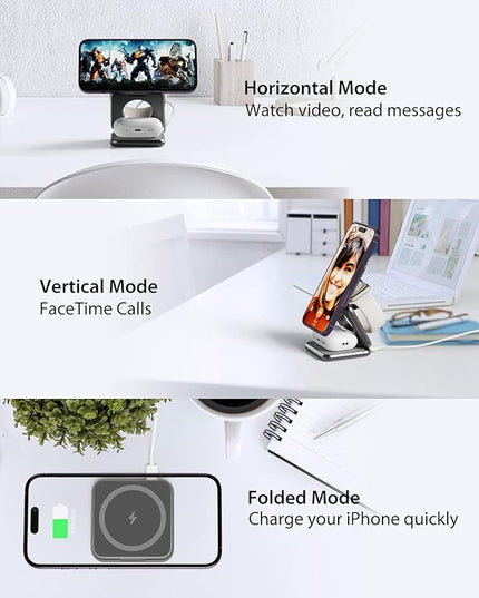Foldable Magnetic Wireless Charger, KU XIU X40 Aluminum Alloy 3 in 1 Charging Station for Apple, Fast Magnetic Charger Stand for iPhone 17 16 15 14 13 12 Series, 5W for iWatch, AirPods 3/2/Pro, Gray