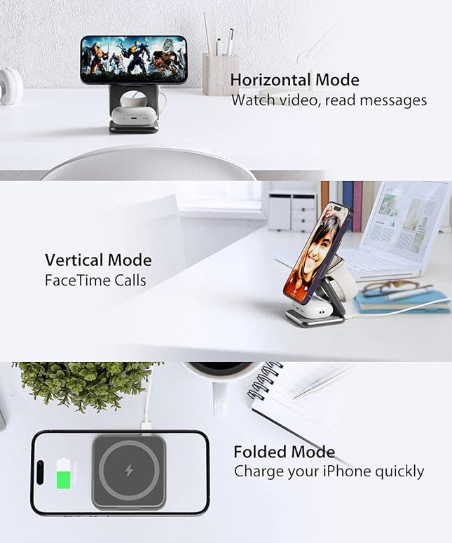 Foldable Magnetic Wireless Charger, KU XIU X40 Aluminum Alloy 3 in 1 Charging Station for Apple, Fast Magnetic Charger Stand for iPhone 17 16 15 14 13 12 Series, 5W for iWatch, AirPods 3/2/Pro, Gray