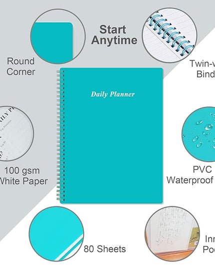 Daily Planner Undated - A4 To Do List Notebook Hourly Schedules, Spiral Appointment Planner for Women and Men,PVC Hardcover, Inner Pocket, Elastic Closure, 8.5" x 11", Teal