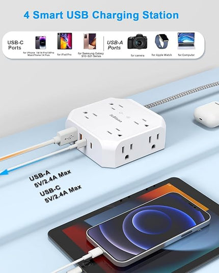 Surge Protector Flat Plug Power Strip, 10Ft Extension Cord with Multiple Outlets, 8 Outlet Splitter with 4 USB(2 USB C) Ports, Desk Charging Station for Home, Office, College, Dorm Room Essentials
