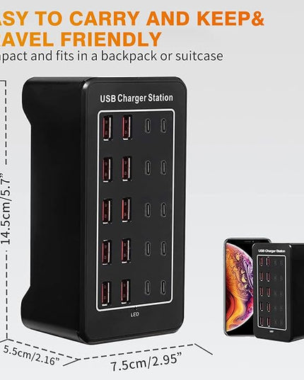 USB C Charger Block 100W USB C Charging Station, 20Port (20A) Multiple Charging Hub Desktop 10 Port USB Charger Compatible for Apple iPhone, iPad, Samsung, Pixel, Cell Phone, Tablets, Office Home Use