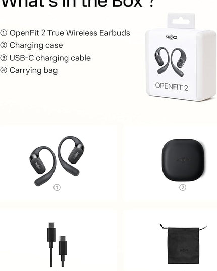 SHOKZ OpenFit 2 Open-Ear Headphones,True Wireless Bluetooth Earphones with Microphone,Earhook Earbuds with 48 Hours of Playtime,Fast Charging,IP55 Water-Resistant,with Carrying Bag,Black,Bluetooth5.4