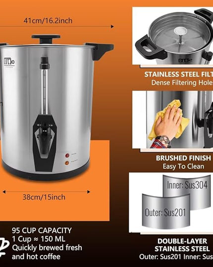95 Cup 16L/4.23Gallon Commercial Coffee Urn, Festa Essential 1500W Large Percolate Coffee Maker, Hot Beverage dispenser With Double Dripless Faucet,Quick-Brewing Hot Water Urn for Catering,Home,Events