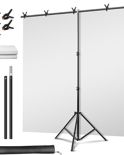 Green Screen Backdrop Kit, Portable Greenscreen Background with T-Shaped Stand, 5 Clamps & Carrying Bag for Photography, Streaming, Zoom, Gaming, (White, 6.5 Feet X 5.0 Feet)