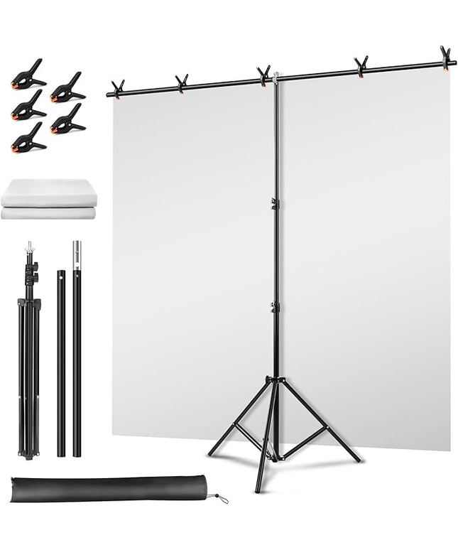 Green Screen Backdrop Kit, Portable Greenscreen Background with T-Shaped Stand, 5 Clamps & Carrying Bag for Photography, Streaming, Zoom, Gaming, (White, 6.5 Feet X 5.0 Feet)