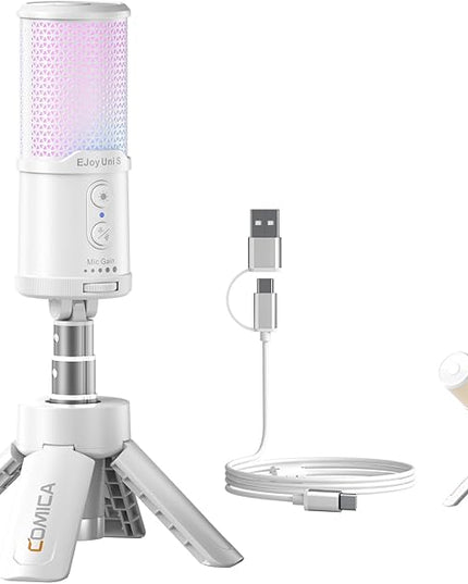 COMICA EJoy UNI S Gaming USB Microphone for PC, RGB Condenser Mic with Noise Reduction, Tripod Stand, Streaming Microphone for Gaming, Streaming, Podcasting, Recording, Laptop, PS4, PS5 (White