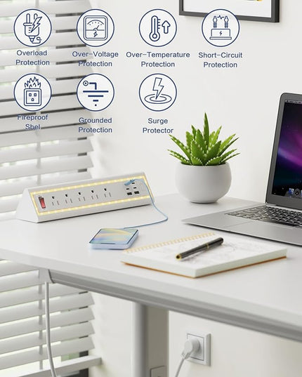 Desk Clamp Power Strip with Nightlight, 40W Fast Charging, 10FT Extension Cord, 4x20W USB-C & 2 USB Ports, 5 AC Outlets, Fits 1.69-Inch Table Edges