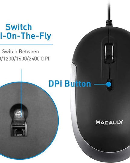 Macally Silent Wired Mouse - Slim & Compact USB Mouse for Apple Mac or Windows PC Laptop/Desktop - Designed with Optical Sensor & DPI Switch - Simple & Comfortable Wired Computer Mice (Space Gray)