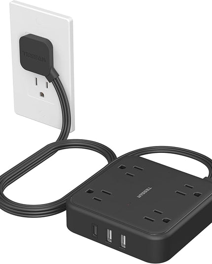 Surge Protector Flat Extension Cord 5FT, TESSAN Flat Plug Power Strip with 4 Outlets 3 USB C Ports (1 USB C), 900 Joules Protection, Multiple Wall Outlet Extender Suitable for Home Office Dorm, Black