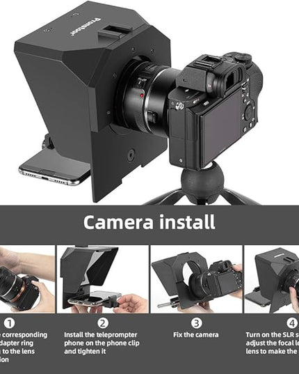 AMBITFUL Teleprompter 7.5'' with Tabletop Tripod for Smartphone and DSLR Camera, Adjustable Phone Clip & Camera Adapting Ring, for Live Streaming, Interviews(Mini Teleprompter Only)